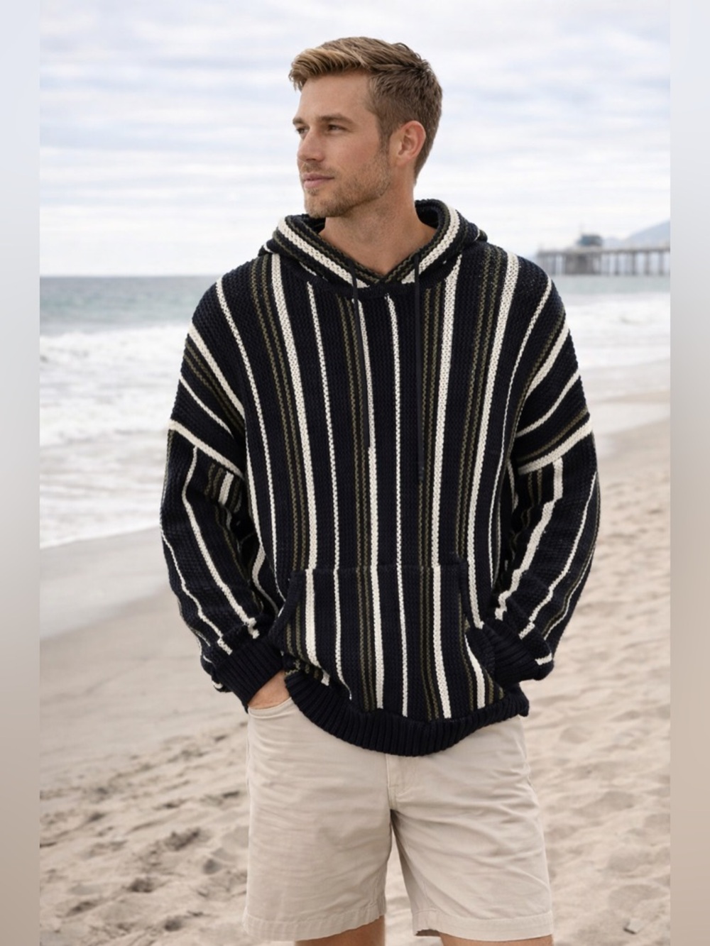 6397 Striped Knit Hoodie Sweater 100% Cotton Navy Cream Olive – Size L